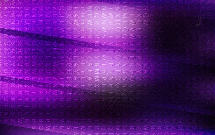 abstrakt violett bakgrund, 4k, typografim&#246;nster, lila bakgrunder, typografi, bokst&#228;ver och siffror
