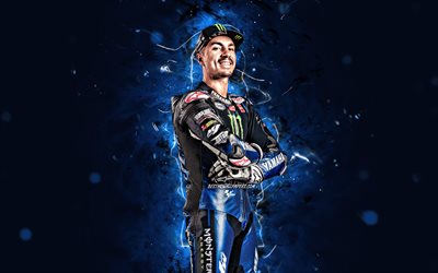 Maverick Vinales, 4k, luci al neon blu, Monster Energy Yamaha MotoGP, pilota spagnolo, MotoGP, Maverick Vinales Ruiz, Campionato del mondo MotoGP, Maverick Vinales 4K