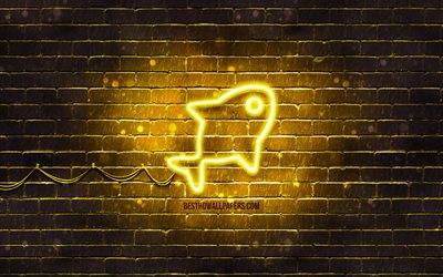 gold fish neon icon, 4k, yellow background, neon symbols, gold fish, neon icons, gold fish sign, animals signs, gold fish icon, animals icons