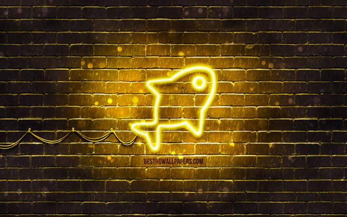 kultakala neonikuvake, 4k, keltainen tausta, neonisymbolit, kultakala, neonikuvakkeet, kultakalamerkki, el&#228;inkyltit, kultakalakuvake, el&#228;inkuvakkeet