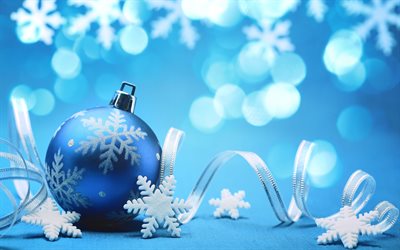 white snowflakes, blue christmas balls, ribbons, Happy New Year, christmas decorations, 4k, xmas balls, new year concepts, Merry Christmas