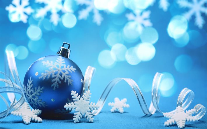 fiocchi di neve bianchi, palle di Natale blu, nastri, Felice Anno Nuovo, decorazioni natalizie, 4k, palle di Natale, concetti di Capodanno, Buon Natale