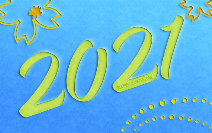 4k, ano novo de 2021, d&#237;gitos de corte verdes de 2021, conceitos de 2021, 2021 em fundo azul, d&#237;gitos do ano de 2021, feliz ano novo de 2021
