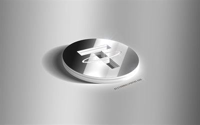 Tether 3D silver logo, Tether, cryptocurrency, gray background, Tether logo, Tether 3D emblem, metal Tether 3D logo