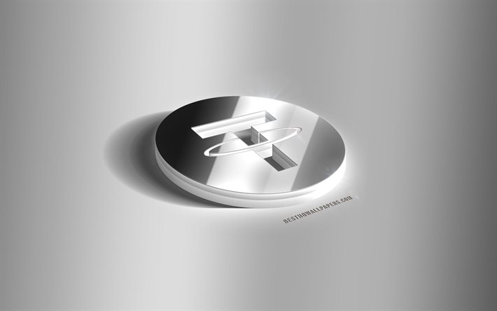 テザー3Dシルバーロゴ, テザー, 仮想通貨, 灰色の背景, テザーロゴ, テザー3Dエンブレム, 金属テザー3Dロゴ