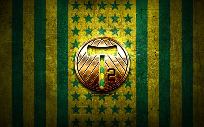 Portland Timbers 2 -lippu, USL, vihre&#228; keltainen metallitausta, amerikkalainen jalkapalloseura, Portland Timbers 2 -logo, USA, jalkapallo, Portland Timbers 2 FC, kultainen logo