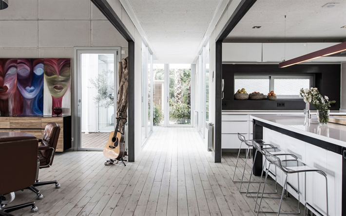 cucina, interni dal design elegante, casa di campagna, interni moderni, pavimento in legno bianco, idea per la sala da pranzo, mobili da cucina in bianco e nero