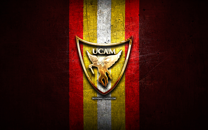 UCAM Murcia CB, logotipo dourado, ACB, fundo de metal vermelho, time espanhol de basquete, logotipo UCAM Murcia CB, basquete, UCAM Murcia Basketball Club