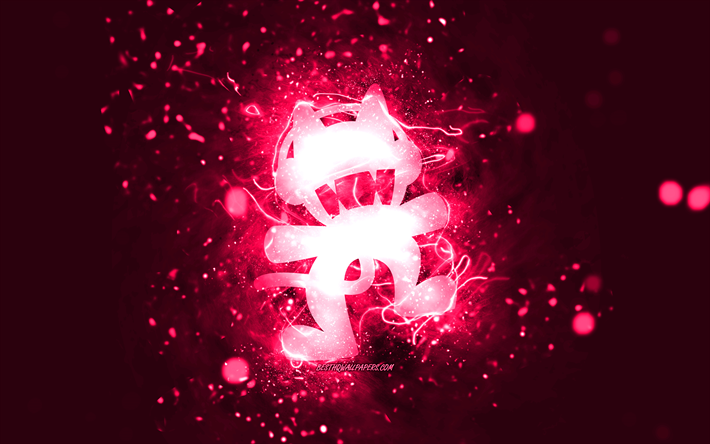 Monstercat pink logo, 4k, canadian DJs, pink neon lights, creative, orange abstract background, Monstercat logo, music stars, Monstercat