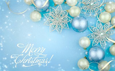 Merry Christmas, gold glitter stars, Happy New Year, Blue Christmas background, Golden Christmas balls, Background with Christmas balls, Christmas greeting card