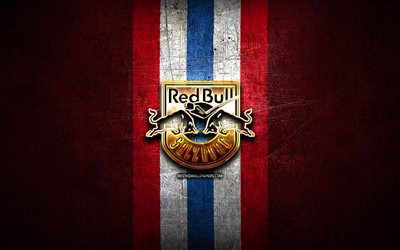 EC Red Bull Salzburg, logo dor&#233;, ICE Hockey League, fond en m&#233;tal rouge, &#233;quipe de hockey autrichienne, logo EC Red Bull Salzburg, hockey