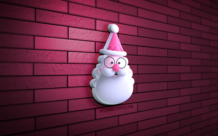 3D Santa face, 4K, pink brickwall, Christmas decorations, Pink Santa Claus, Happy New Year, Merry Christmas, Saint Nicholas, 3D art, Santa face, xmas decorations