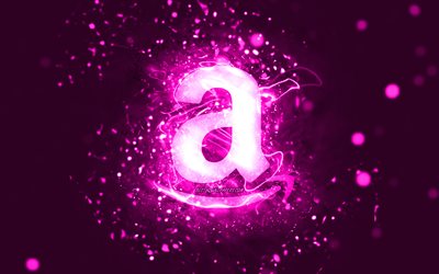 Amazon violetti logo, 4k, purppura neon valot, luova, violetti abstrakti tausta, Amazon logo, tuotemerkit, Amazon