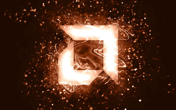 Logo marrone AMD, 4k, luci al neon marroni, creativo, sfondo astratto marrone, logo AMD, marchi, AMD