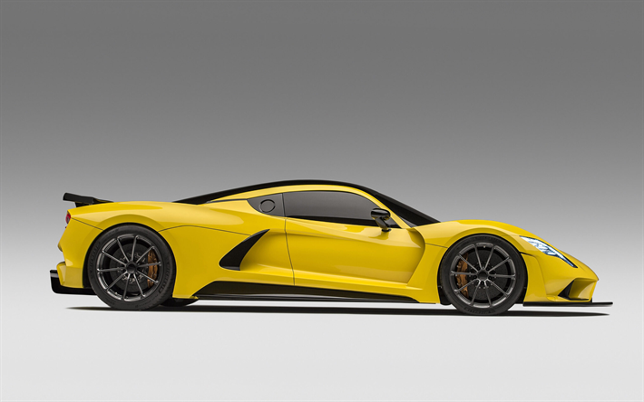 Hennessey Venom F5, 2021, side view, exterior, hypercar, yellow Venom F5, luxury supercars, sports cars, Hennessey
