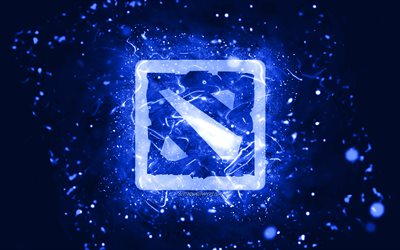 Dota 2 dark blue logo, 4k, dark blue neon lights, creative, dark blue abstract background, Dota 2 logo, online games, Dota 2
