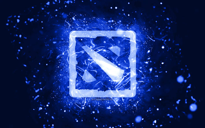 Dota 2 logo bleu fonc&#233;, 4k, n&#233;ons bleu fonc&#233;, cr&#233;atif, fond abstrait bleu fonc&#233;, logo Dota 2, jeux en ligne, Dota 2