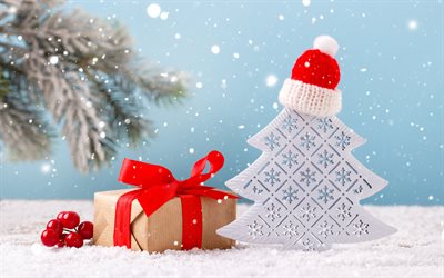4k, Beyaz ahşap ağa&#231;, hediye kutusu, Noel dekorasyonu, Yeni Yılınız Kutlu Olsun, Noel, beyaz kar, Mutlu Noeller