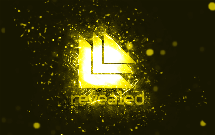 Revealed Recordings logo giallo, 4k, luci al neon gialle, creativo, sfondo astratto giallo, Revealed Recordings logo, etichette musicali, Revealed Recordings