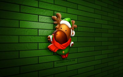 3D Xmas Deer, 4K, green brickwall, decora&#231;&#245;es de Natal, Cartoon Xmas Deer, Feliz Ano Novo, Feliz Natal, &#205;cone de cervos, arte 3D, Xmas Deer, decora&#231;&#245;es de natal