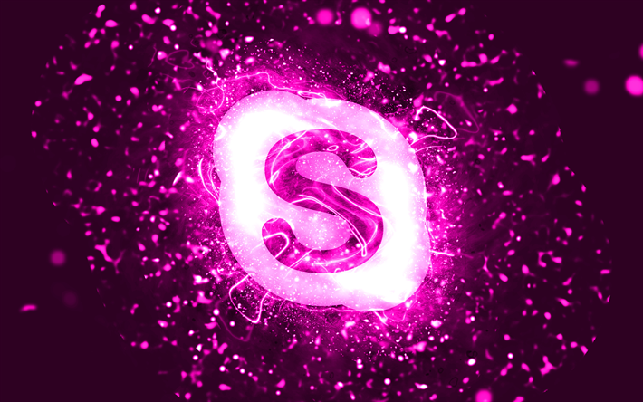 Skype purple logo, 4k, purple neon lights, creative, purple abstract background, Skype logo, brands, Skype