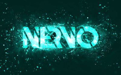 Nervo turquoise logo, 4k, Australian DJs, turquoise neon lights, Olivia Nervo, Miriam Nervo, turquoise abstract background, Nick van de Wall, Nervo logo, music stars, Nervo