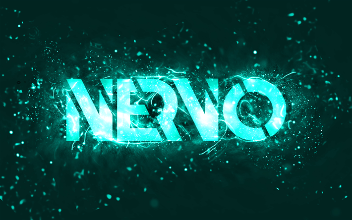 Logo turquoise Nervo, 4k, DJ australiens, n&#233;ons turquoise, Olivia Nervo, Miriam Nervo, fond abstrait turquoise, Nick van de Wall, Logo Nervo, stars de la musique, Nervo