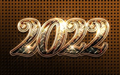 2022 goldene 3d-ziffern, 4k, frohes neues jahr 2022, gepunktete metallhintergr&#252;nde, 2022-konzepte, 3d-kunst, 2022-neujahr, 2022 auf metallhintergrund, 2022-jahresziffern
