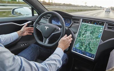 Tesla Model S, interior, inside view, dashboard, Model S autopilot, Model S dashboard, electric cars, American cars, Tesla
