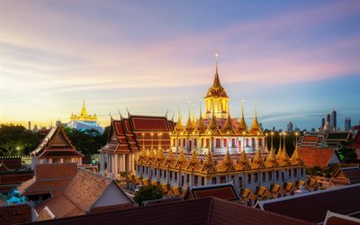 Metal Palace, Loha Prasat, Bangkok, Wat Ratchanatdaram, sera, tramonto, paesaggio urbano di Bangkok, punto di riferimento di Bangkok, Thailandia