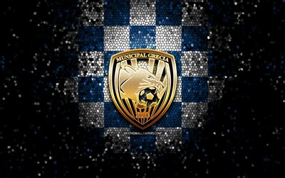 AD Municipal Grecia, glitter logo, Liga FPD, mavi beyaz damalı arka plan, futbol, Kosta Rika Futbol Kulübü, Municipal Grecia logo, mozaik sanatı, Municipal Grecia FC