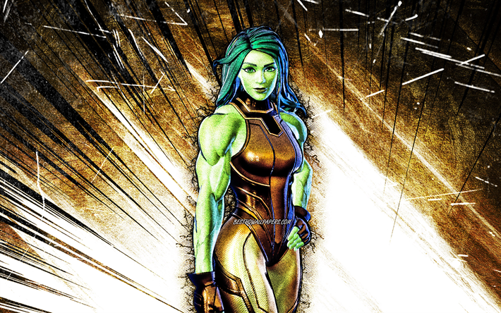4k, feuille d&#39;or She-Hulk, art grunge, Fortnite Battle Royale, personnages Fortnite, peau de feuille d&#39;or She-Hulk, rayons abstraits bruns, Fortnite, feuille d&#39;or She-Hulk Fortnite