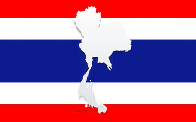 Tayland haritası silueti, Tayland Bayrağı, bayrakta siluet, Tayland, 3d Tayland haritası silueti, Tayland bayrağı, Tayland 3d haritası