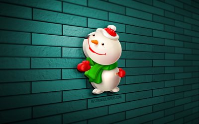 3D Snowman, 4K, blue brickwall, Christmas decorations, Cartoon Snowman, Happy New Year, Merry Christmas, Snowman Icon, 3D art, Snowman, xmas decorations