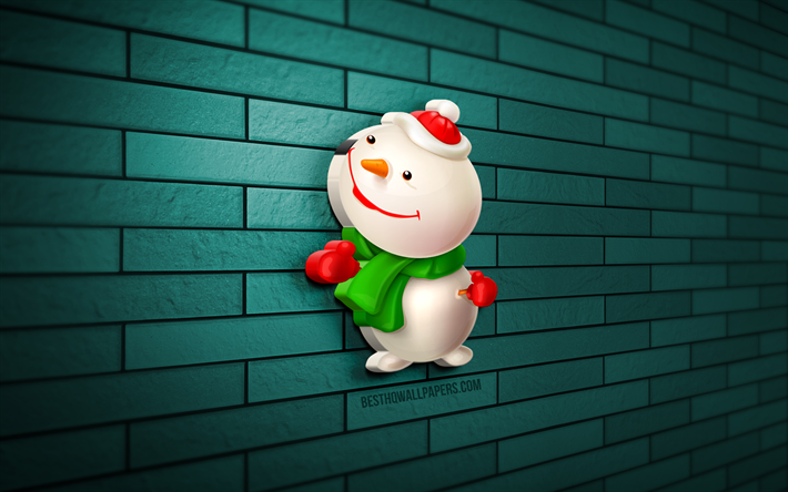 Boneco de neve 3D, 4K, parede de tijolos azul, decora&#231;&#245;es de Natal, boneco de neve dos desenhos animados, Feliz ano novo, Feliz Natal, &#205;cone do boneco de neve, arte 3D, boneco de neve, decora&#231;&#245;es de natal