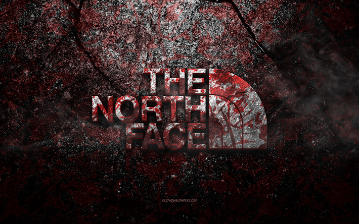 North Face -logo, grunge-taide, The North Face -kivilogo, punainen kivirakenne, The North Face, grunge-kivirakenne, North Face -tunnus, The North Facen 3d-logo