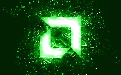 AMD green logo, 4k, green neon lights, creative, green abstract background, AMD logo, brands, AMD