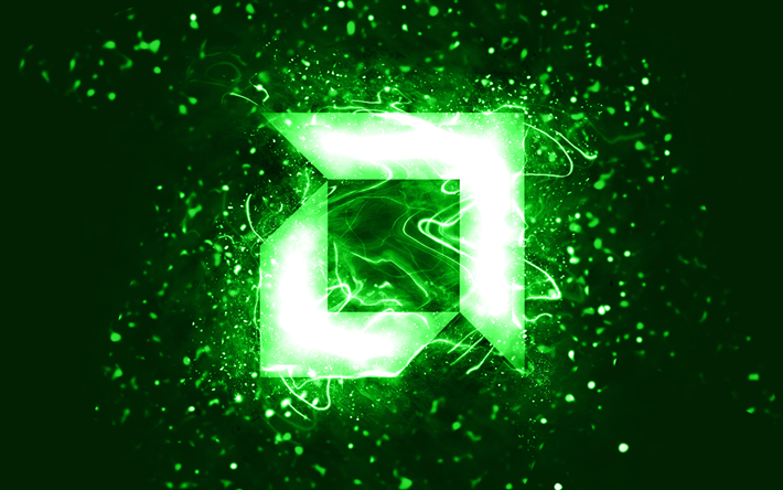 AMD yeşil logosu, 4k, yeşil neon ışıkları, yaratıcı, yeşil soyut arka plan, AMD logosu, markalar, AMD