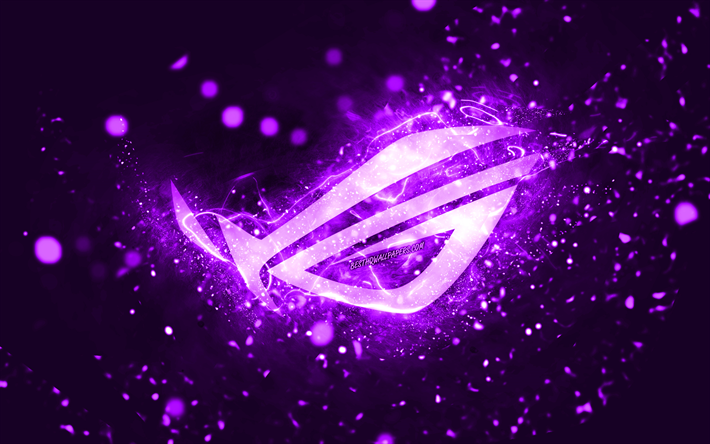 Rog violetti logo, 4k, violetit neon valot, Republic Of Gamers, luova, violetti abstrakti tausta, Rog logo, Republic Of Gamers logo, Rog