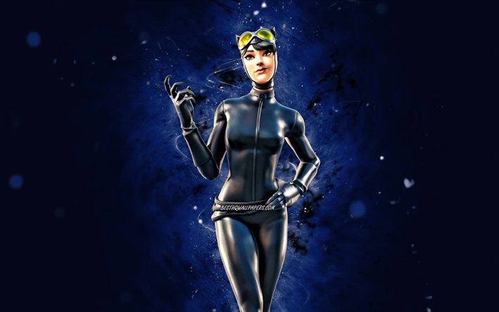 Goggles Up Catwoman, 4k, mavi neon ışıkları, Fortnite Battle Royale, Fortnite karakterleri, Goggles Up Catwoman Skin, Fortnite, Goggles Up Catwoman Fortnite