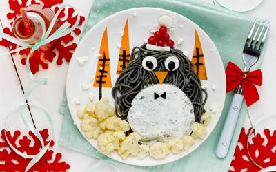 spaghetti penguin, Christmas, New Year, breakfast ideas for kids, animals made of spaghetti, interesting food, penguin, Happy New Year