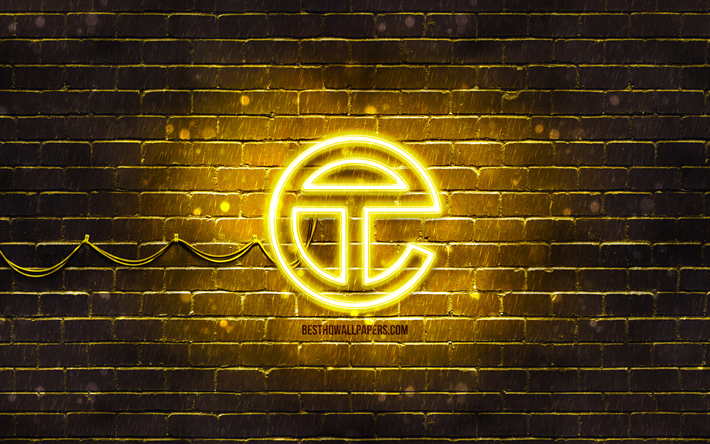 Telfar logo giallo, 4k, muro di mattoni giallo, logo Telfar, marchi, logo al neon Telfar, Telfar