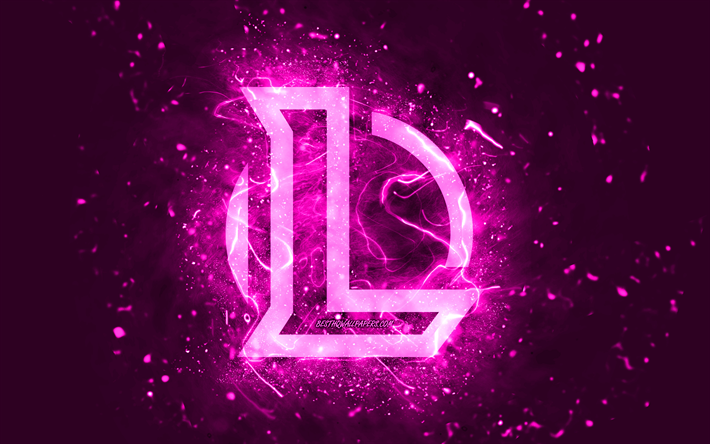 league of legends lila logo, 4k, lol, lila neonlichter, kreativer, lila abstrakter hintergrund, league of legends logo, lol logo, onlinespiele, league of legends