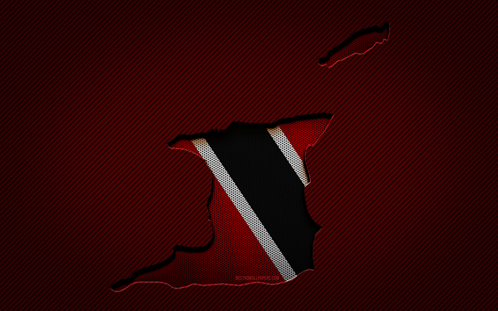 Trinidad ve Tobago haritası, 4k, Kuzey Amerika &#252;lkeleri, Trinidad ve Tobago bayrağı, kırmızı karbon arka plan, Trinidad ve Tobago harita silueti, Kuzey Amerika, Trinidad ve Tobago