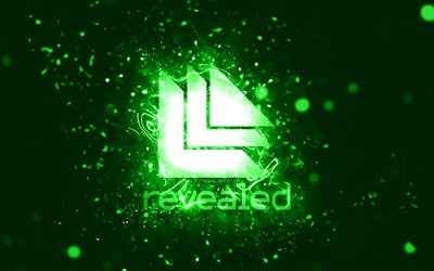 Revealed Recordings green logo, 4k, green neon lights, creative, green abstract background, Revealed Recordings logo, music labels, Revealed Recordings