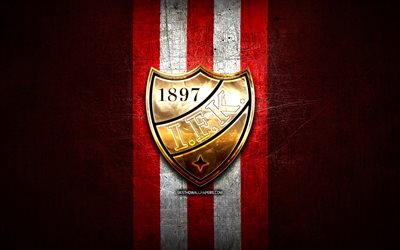 HIFK FC, golden logo, Veikkausliiga, red metal background, football, finnish football club, HIFK FC logo, soccer, IFK Helsingfors