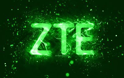 ZTE green logo, 4k, green neon lights, creative, green abstract background, ZTE logo, brands, ZTE