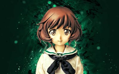 Yukari Akiyama, 4k, turquoise neon lights, Girls und Panzer, protagonist, Girls und Panzer characters, Akiyama Yukari, artwork, Yukari Akiyama Girls und Panzer
