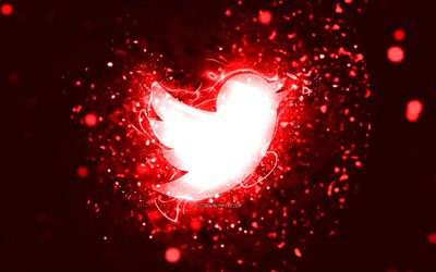 Twitter red logo, 4k, red neon lights, creative, red abstract background, Twitter logo, social network, Twitter