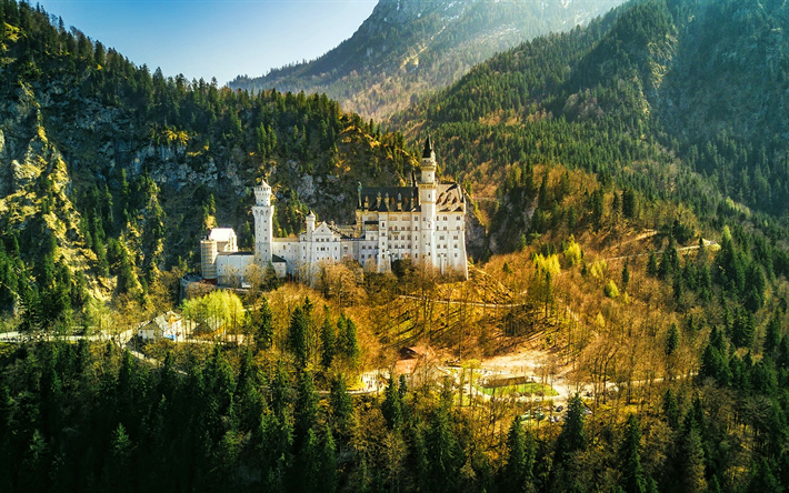 Castelo de Neuschwanstein, ver&#227;o, marcos alem&#227;es, Alpes da Baviera, belo castelo, paisagem montanhosa, castelos da Alemanha, Schwangau, Baviera, Alemanha, Europa